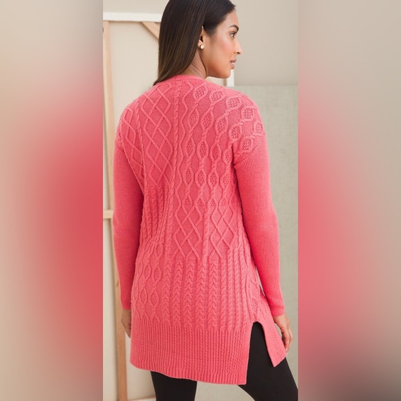 Chicos Cardigan Sweaters Pink Tunic Length Cable Stitch Size Chicos Sz 3/16 NWT - Picture 2 of 6